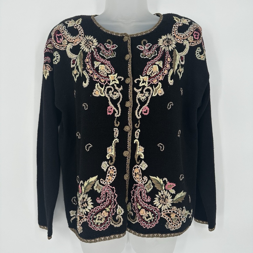 VTG‎ Sz S Y2K 90s Cardigan Floral Roses Embroidered Beaded Cottagecore Sweater